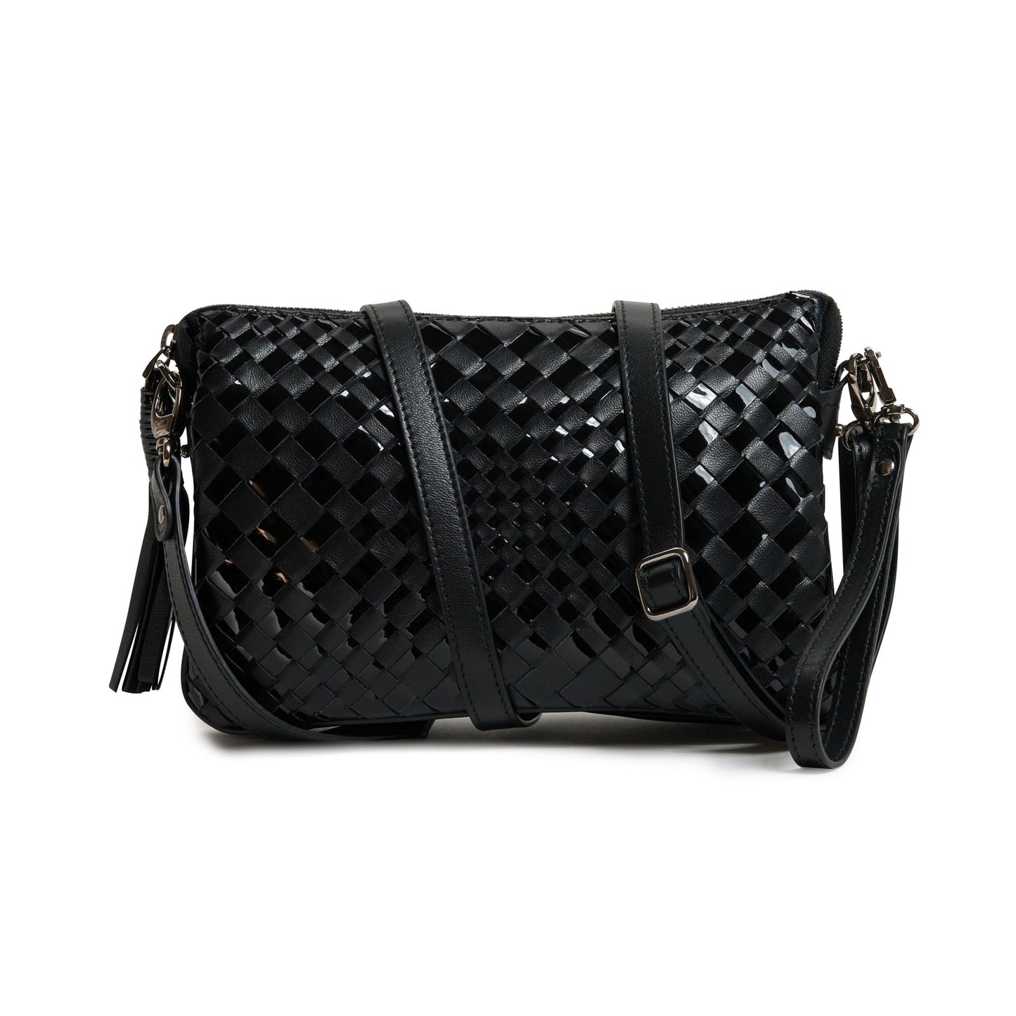 Woman Leather Clutch Intreccio Optical Nappa Patent Black