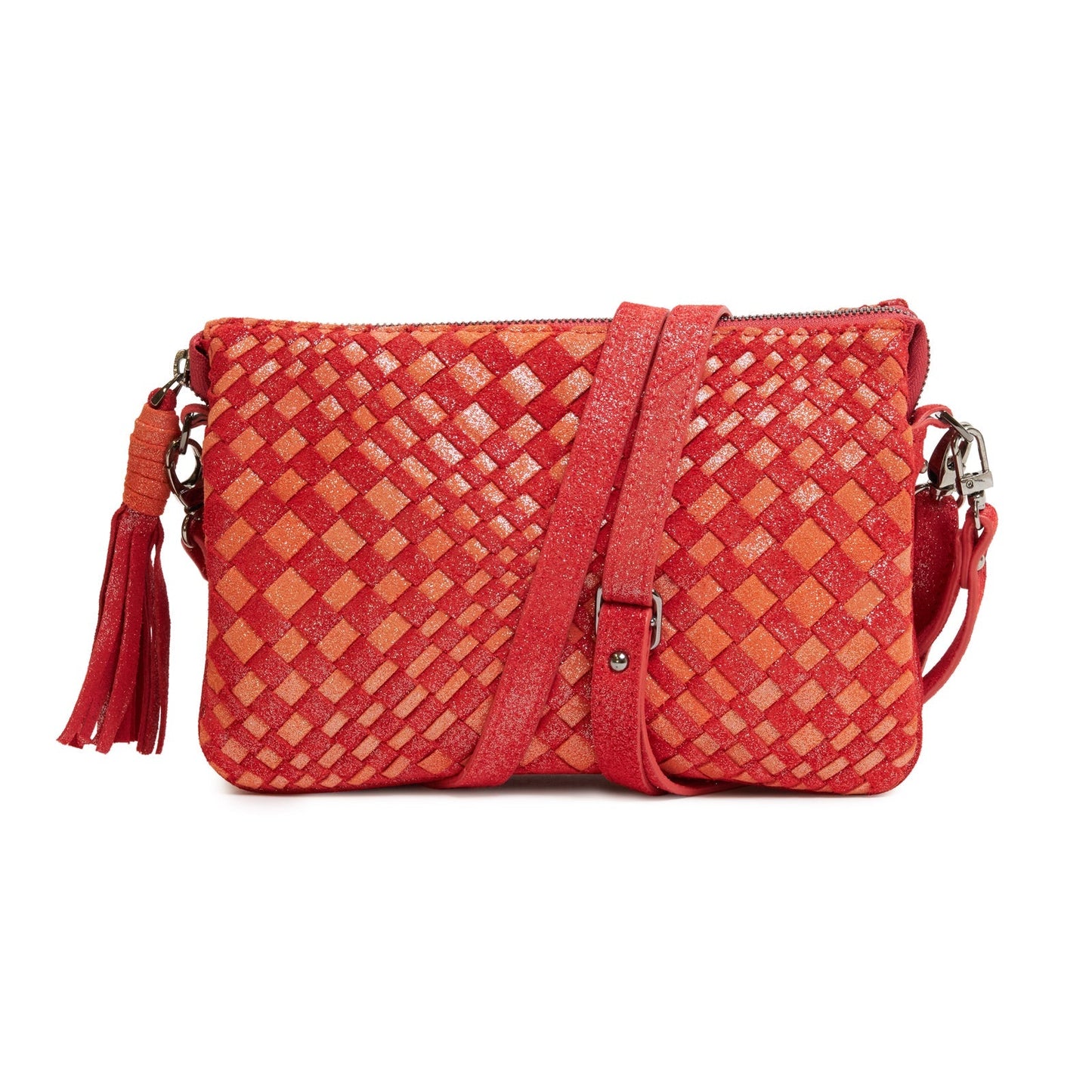 Woman Leather Clutch Intreccio Optical Shimmer Fucsia and Coral