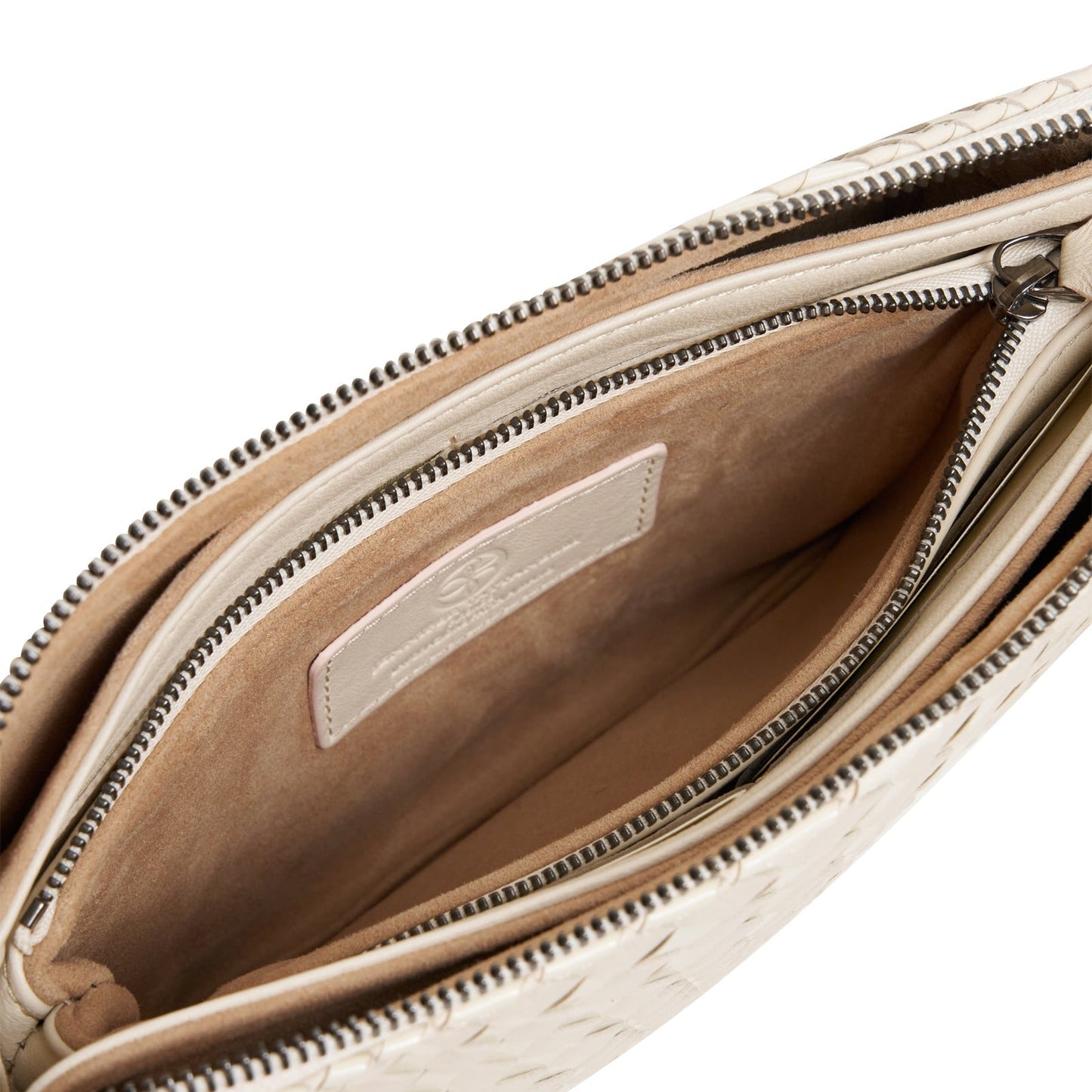 Woman Leather Clutch Intreccio Optical Nappa Patent Beige