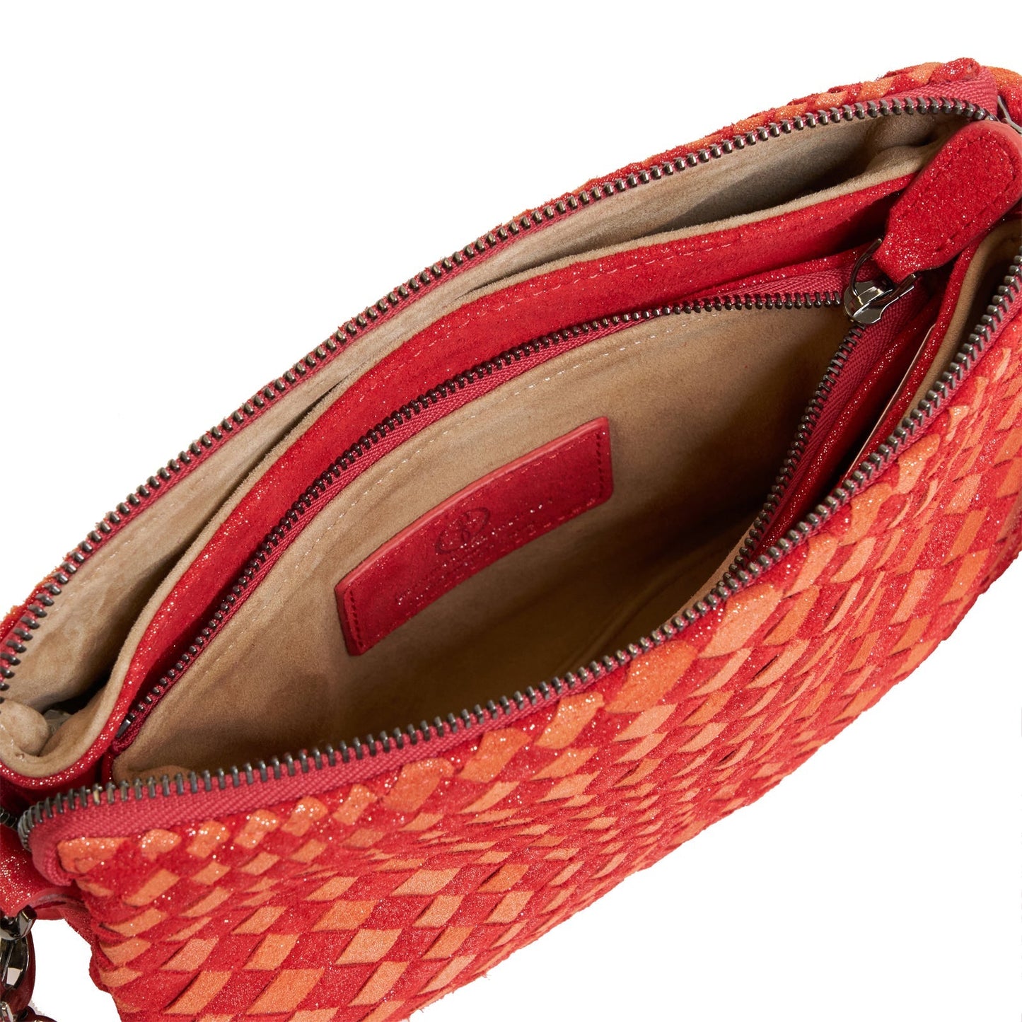 Woman Leather Clutch Intreccio Optical Shimmer Fucsia and Coral