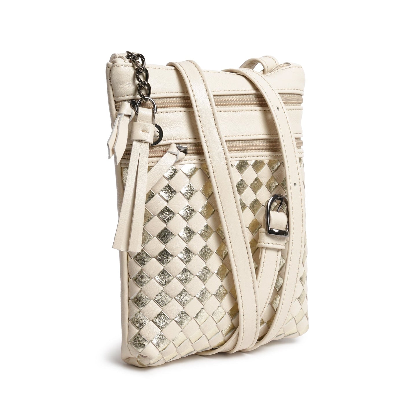 Women Intrecciato Soft Leather Messenger in Ivory and Platinum