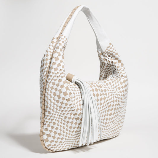 Brigitte Is Women Hobo Bag Intreccio Optical Nappa Bianco and Light Taupe