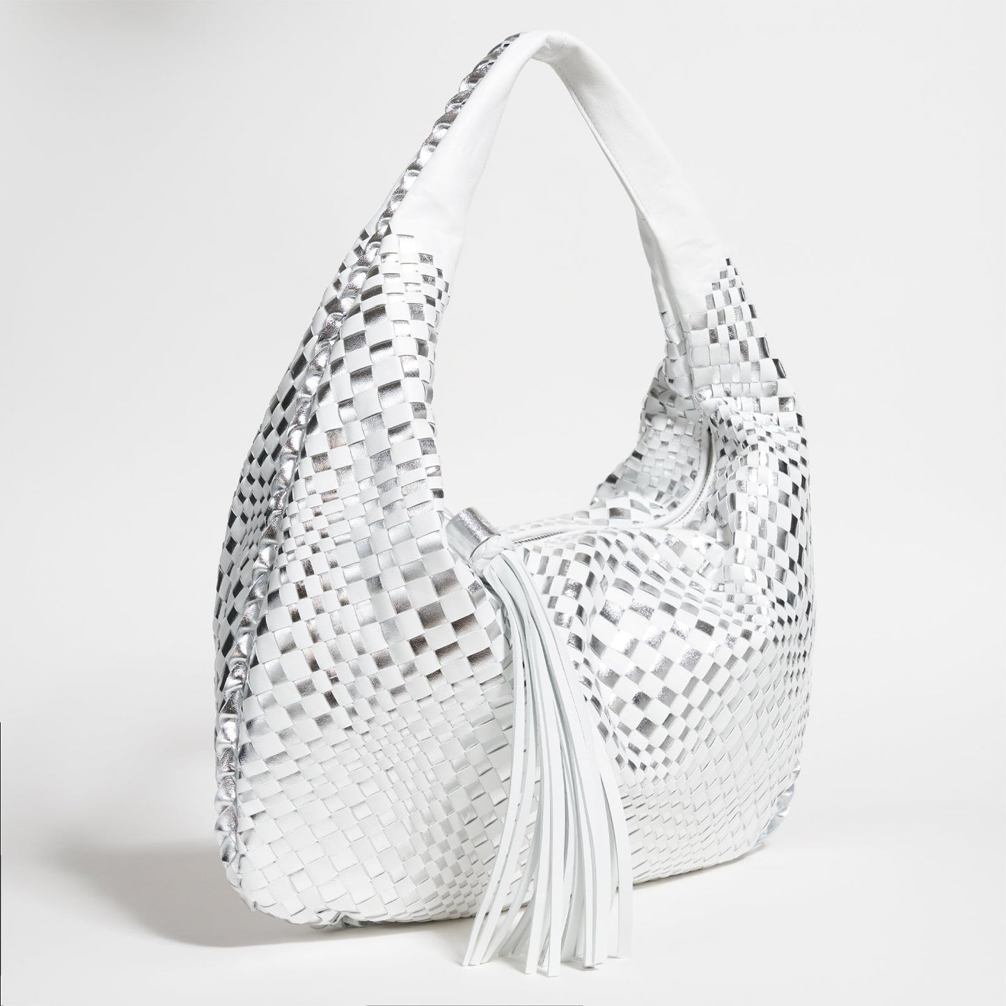 Brigitte Is Women Hobo Bag Intreccio Optical Nappa Bianco and Argento