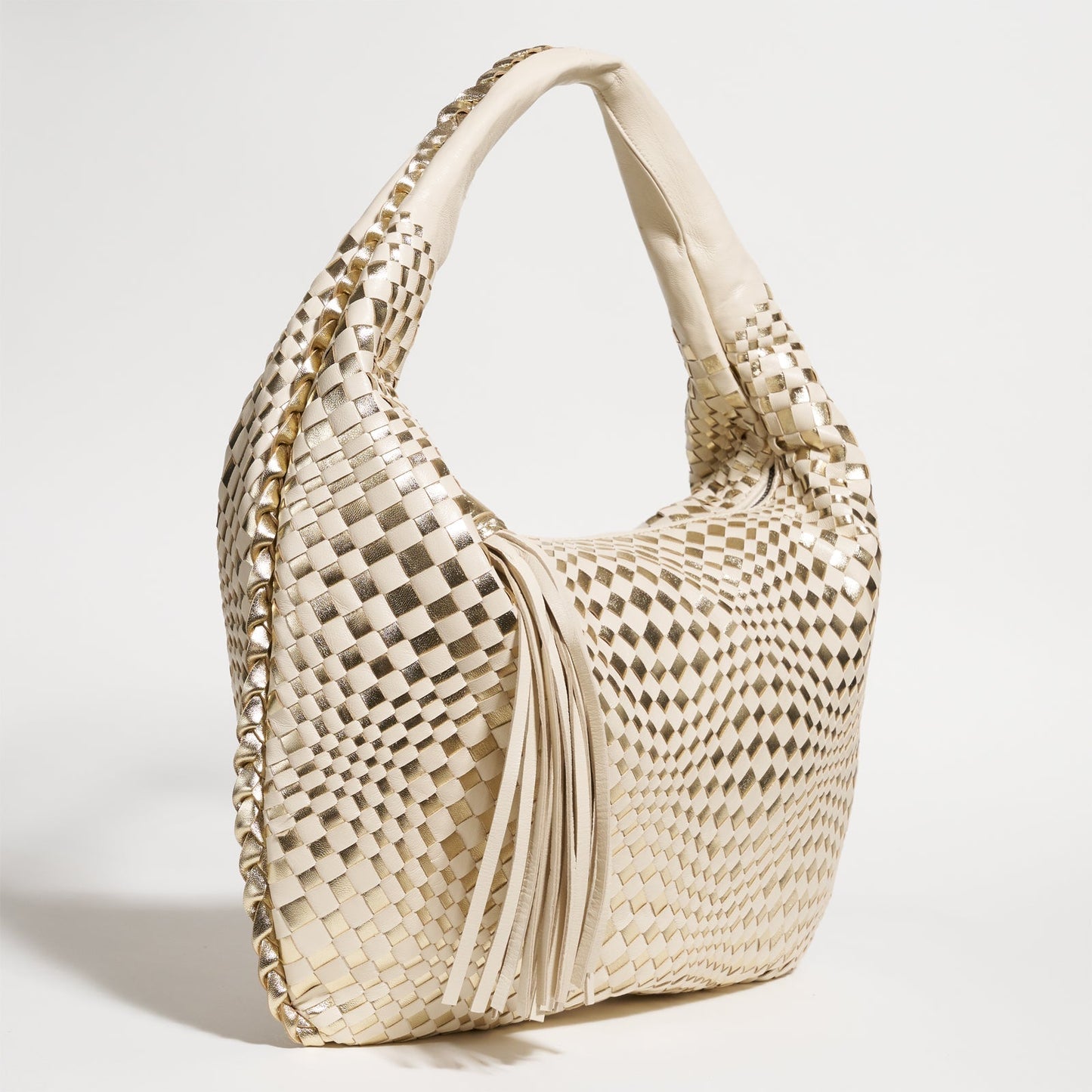 Brigitte Is Women Hobo Bag Intreccio Optical Nappa Leather Beige and Platino