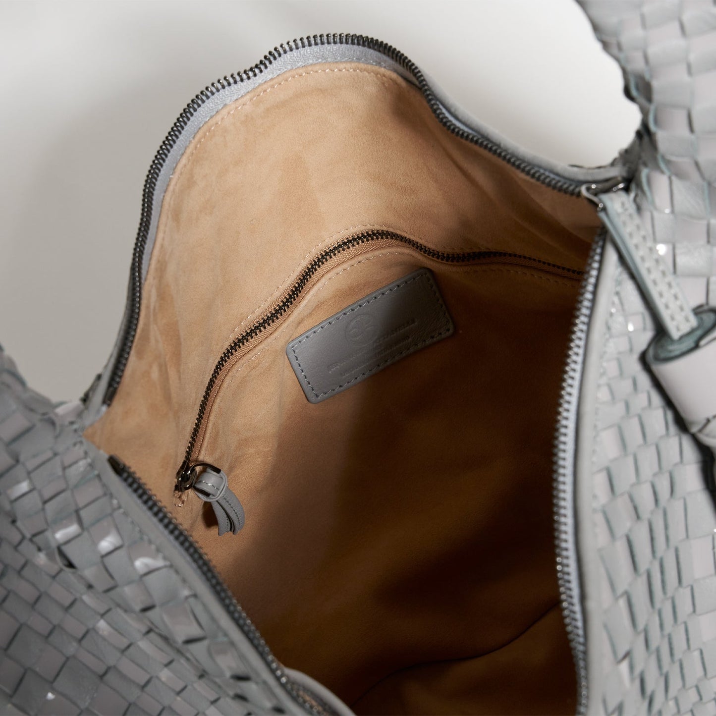 Brigitte Is Women Hobo Bag Intreccio Optical Nappa and Patent Leather Grigio Perla
