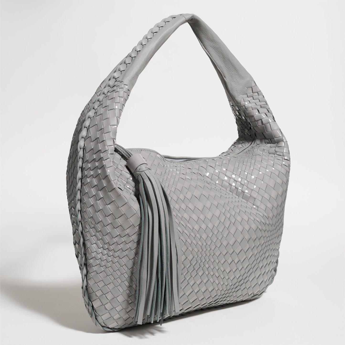 Brigitte Is Women Hobo Bag Intreccio Optical Nappa and Patent Leather Grigio Perla