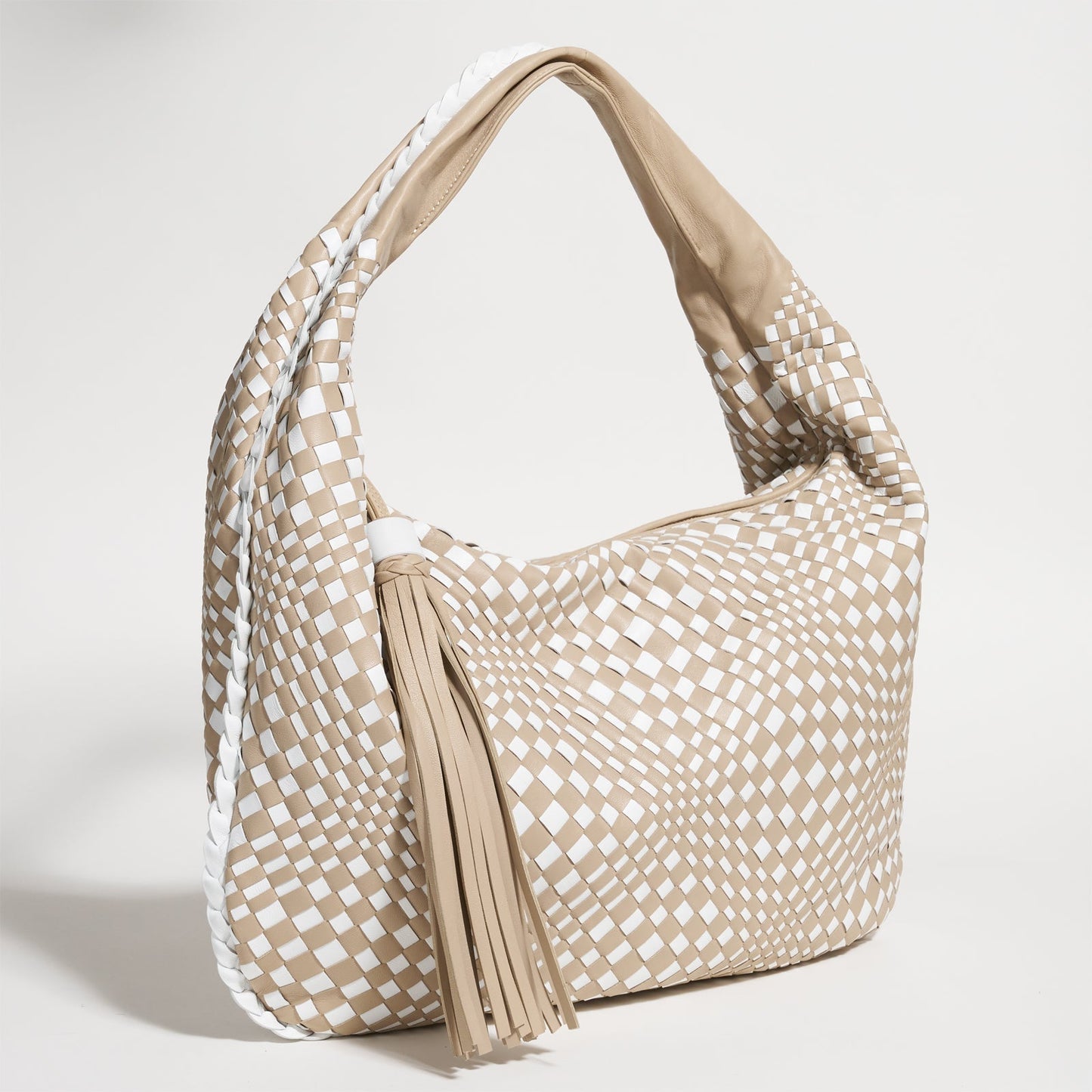 Brigitte Is Women Hobo Bag Intreccio Optical Nappa Taupe and Bianco