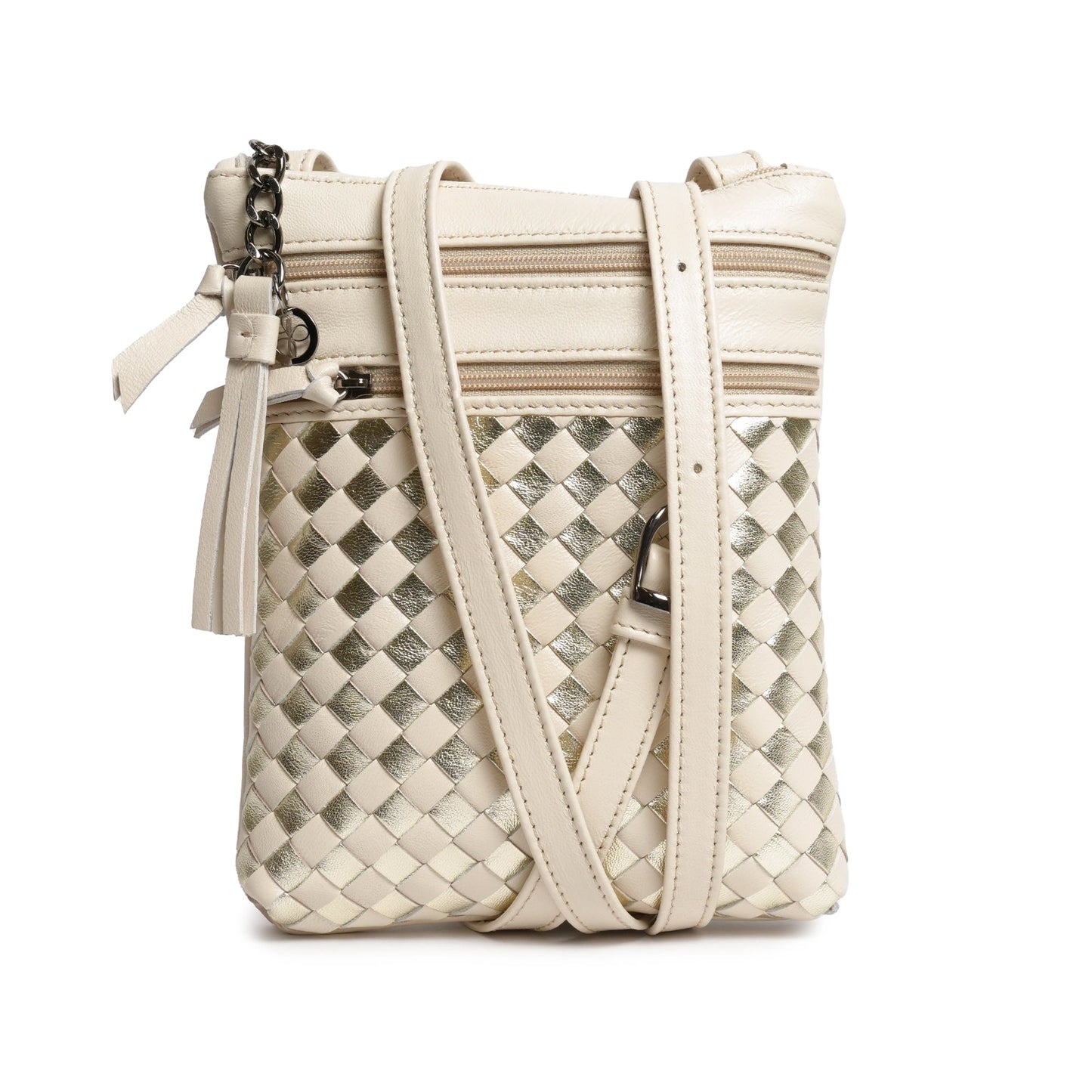 Women Intrecciato Soft Leather Messenger in Ivory and Platinum