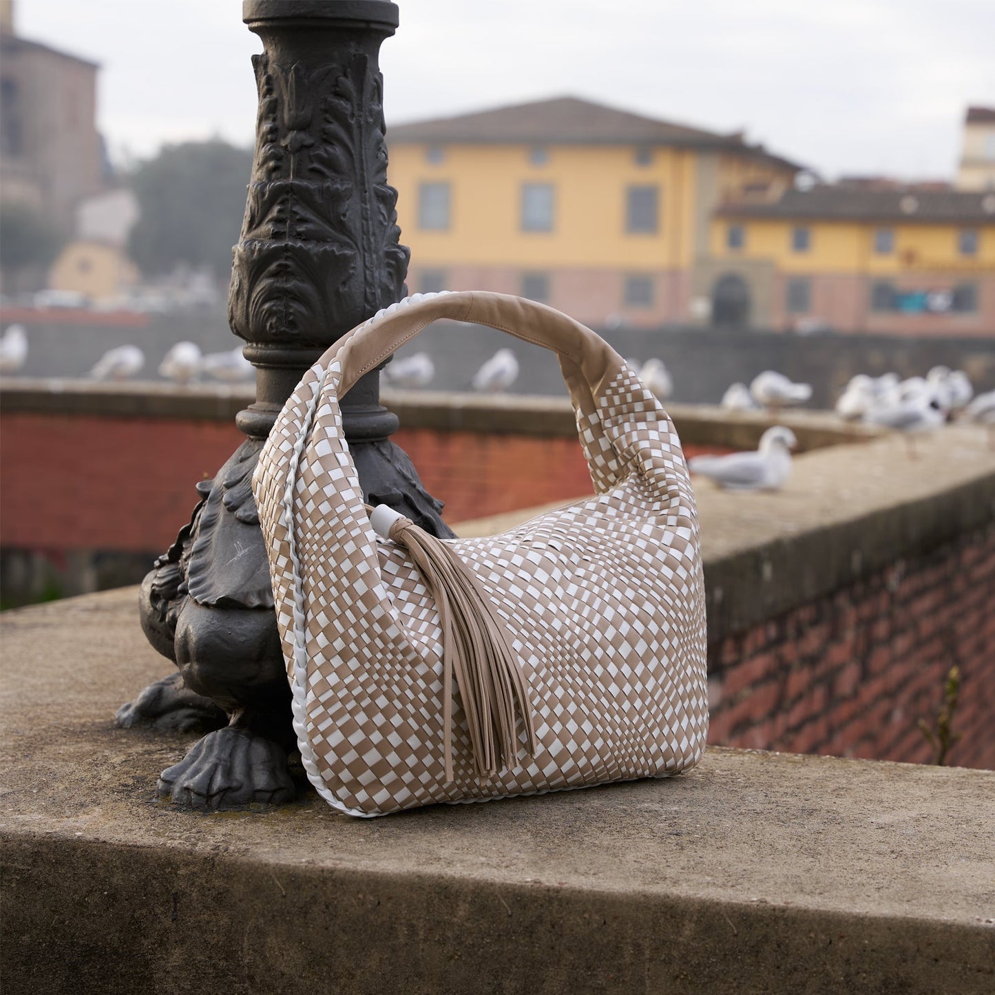Brigitte Is Women Hobo Bag Intreccio Optical Nappa Taupe and Bianco