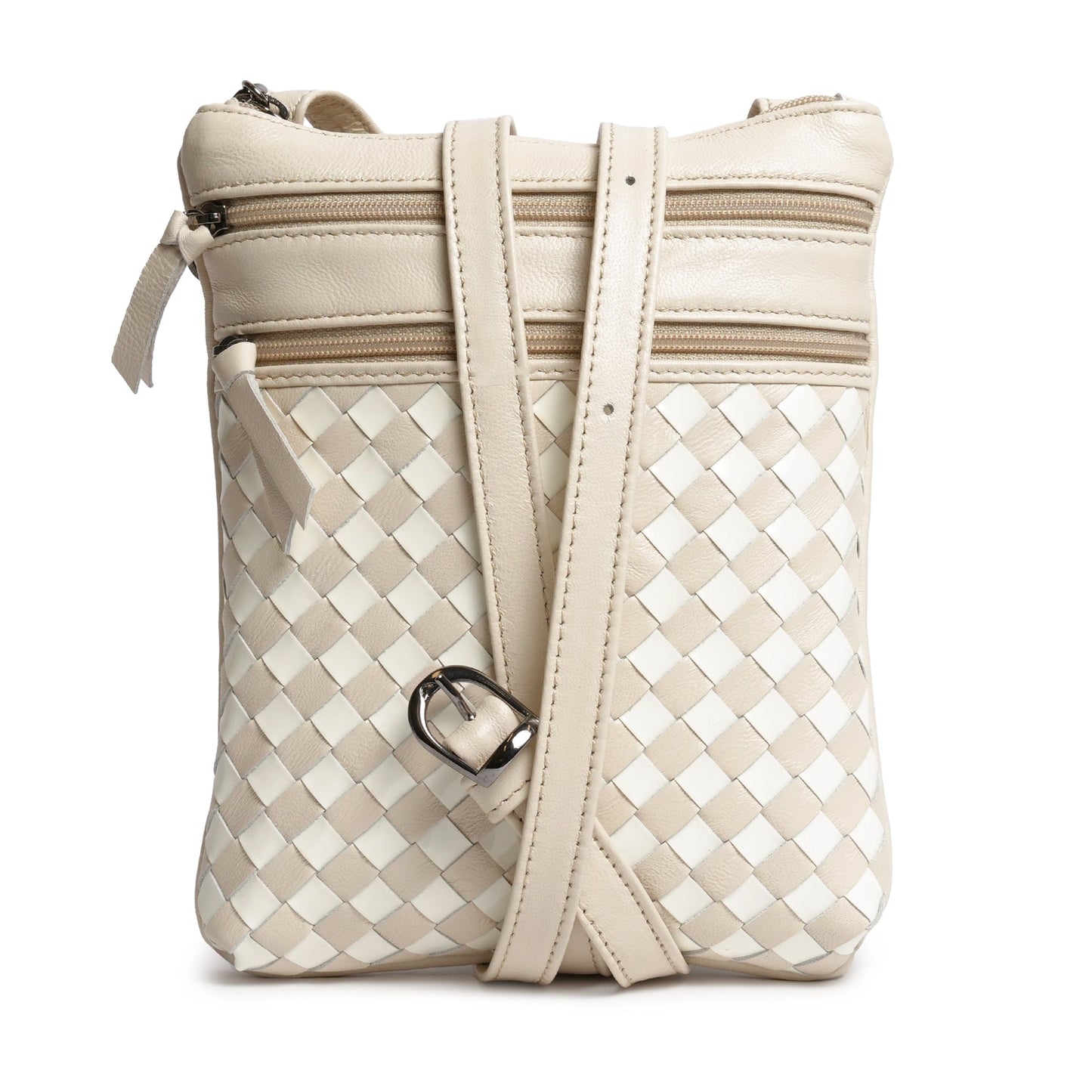 Women Intrecciato Soft Nappa and Patent Leather Messenger in Ivory