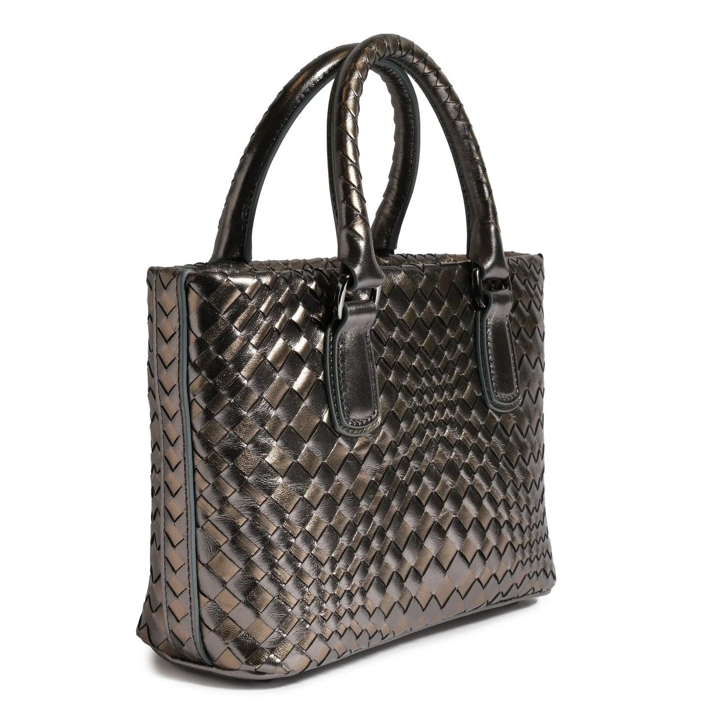Women Mini Top Handle Madison Laminated Leather Bag in Gunmetal and Bronze