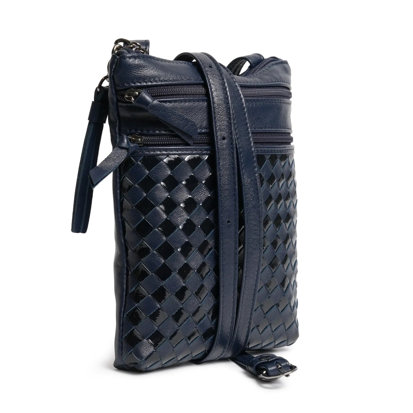 Women Intrecciato Soft Nappa and Patent Leather Messenger in Deep Blue