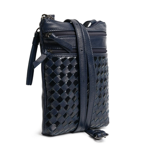 Women Intrecciato Soft Nappa and Patent Leather Messenger in Deep Blue