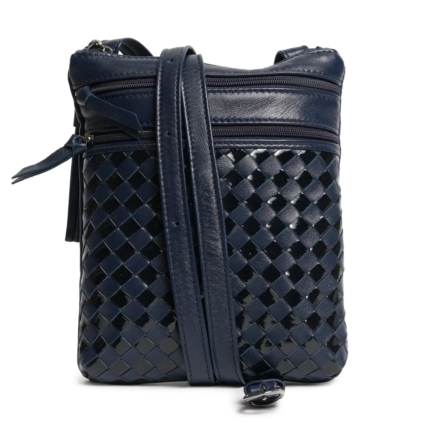 Women Intrecciato Soft Nappa and Patent Leather Messenger in Deep Blue