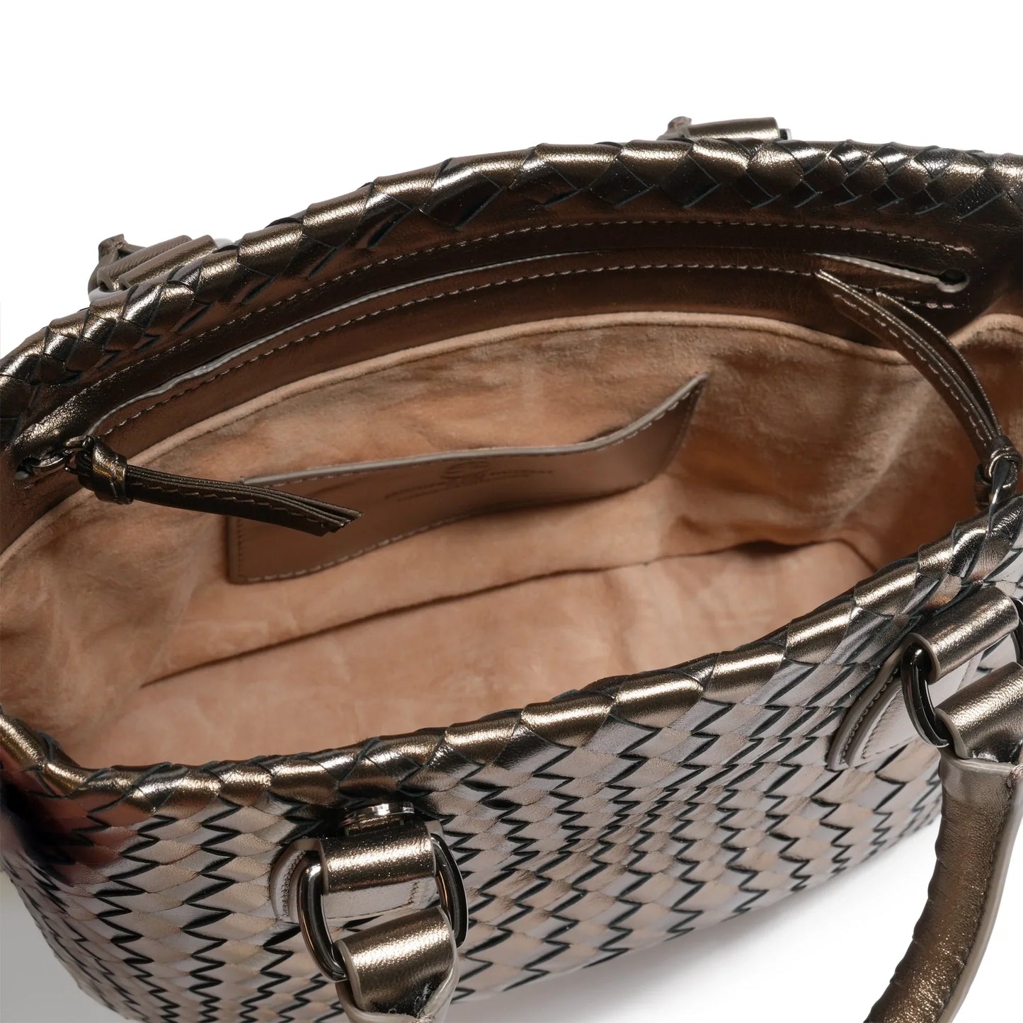 Women Mini Top Handle Madison Laminated Leather Bag in Bronze and Gunmetal