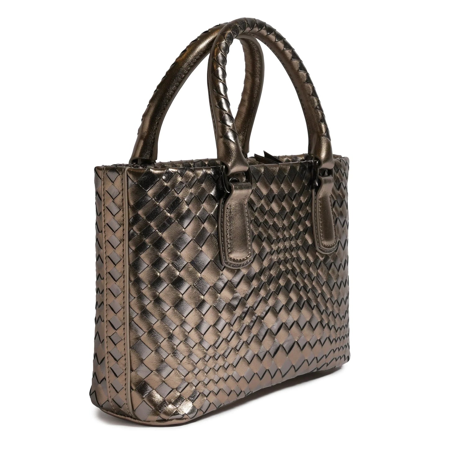 Women Mini Top Handle Madison Laminated Leather Bag in Bronze and Gunmetal