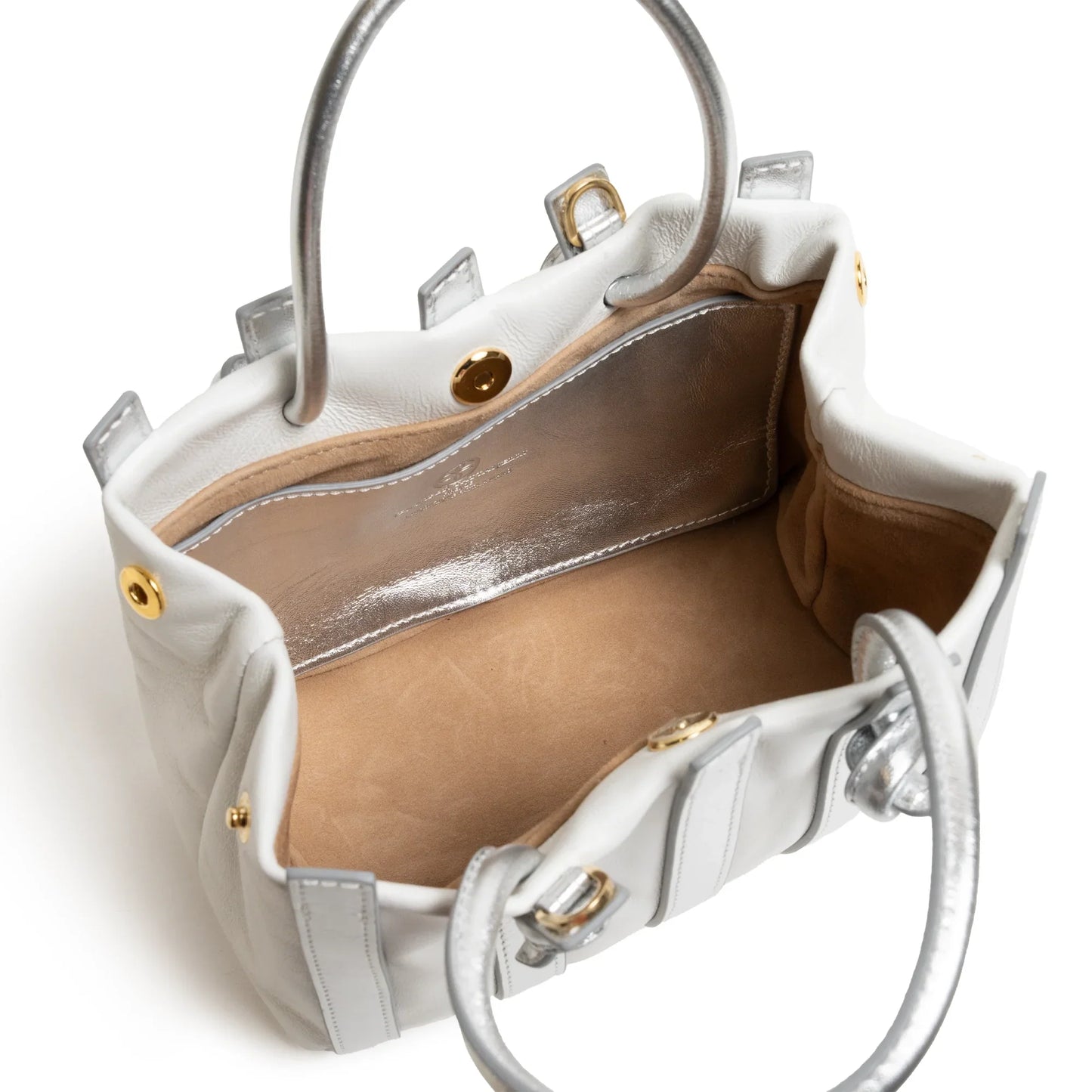 Stripes Mini Shopping Bag in White and Silver Nappa Leather