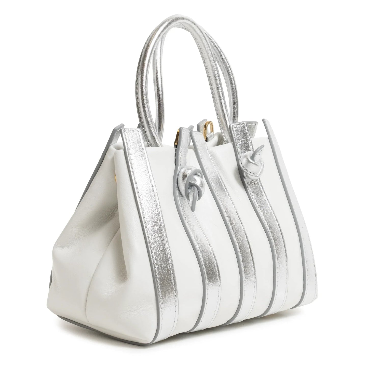 Stripes Mini Shopping Bag in White and Silver Nappa Leather