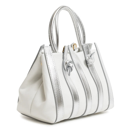 Stripes Mini Shopping Bag in White and Silver Nappa Leather
