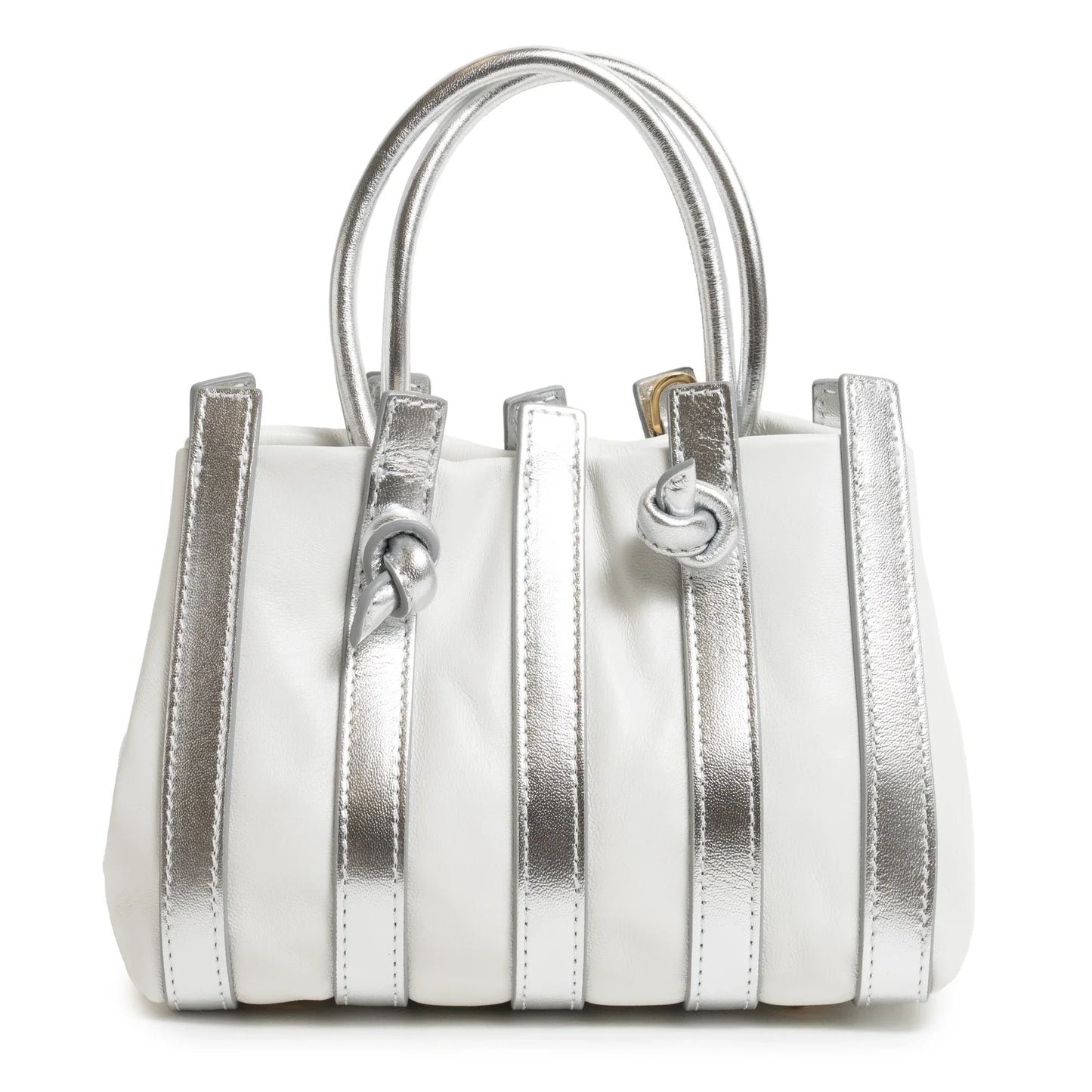 Stripes Mini Shopping Bag in White and Silver Nappa Leather