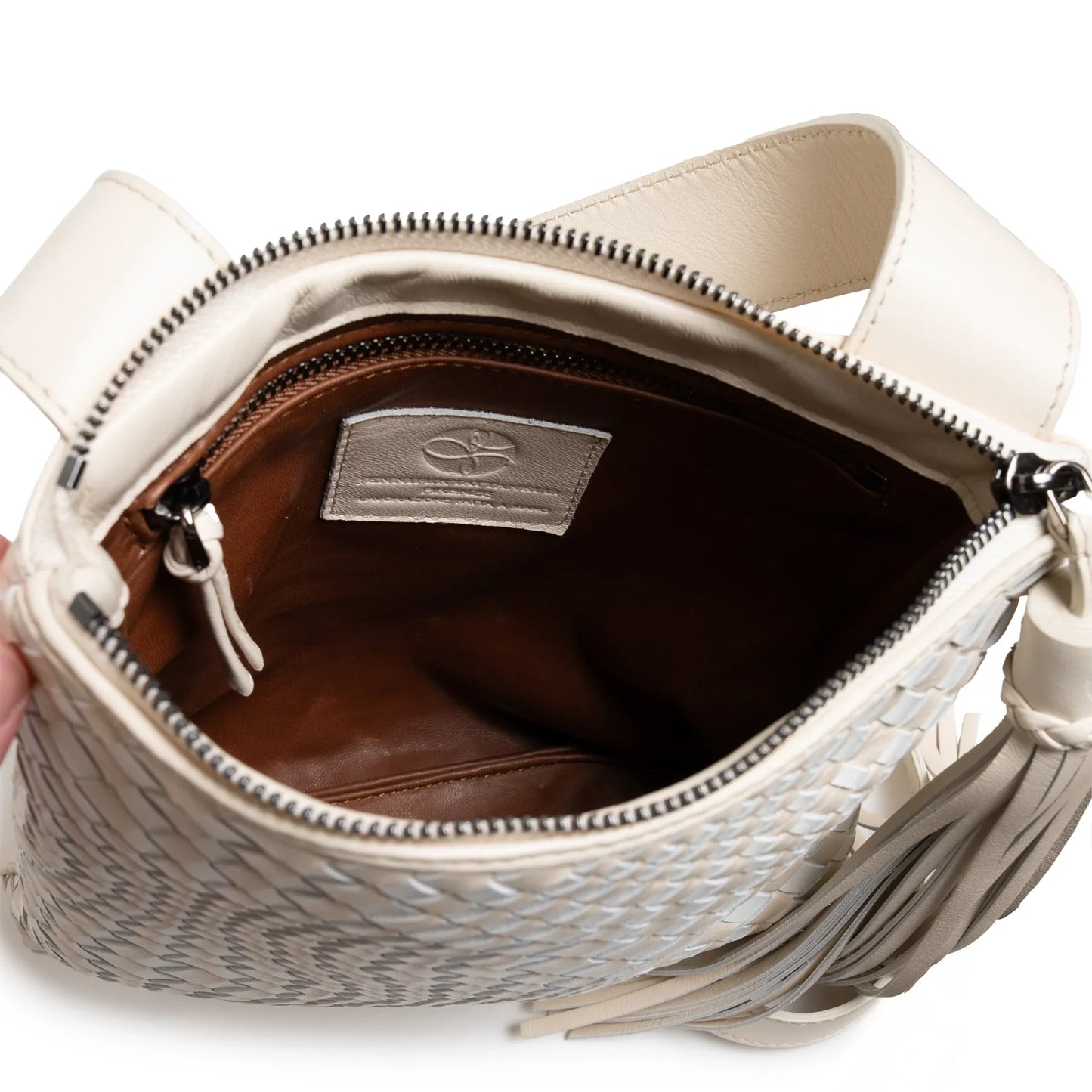 Kim Leather Crossbody Bag Intreccio Optical in Ivory and White