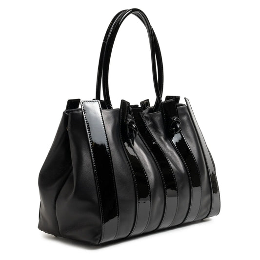 Stripes Large Shopping Bag in Black Nappa and Patent Leather