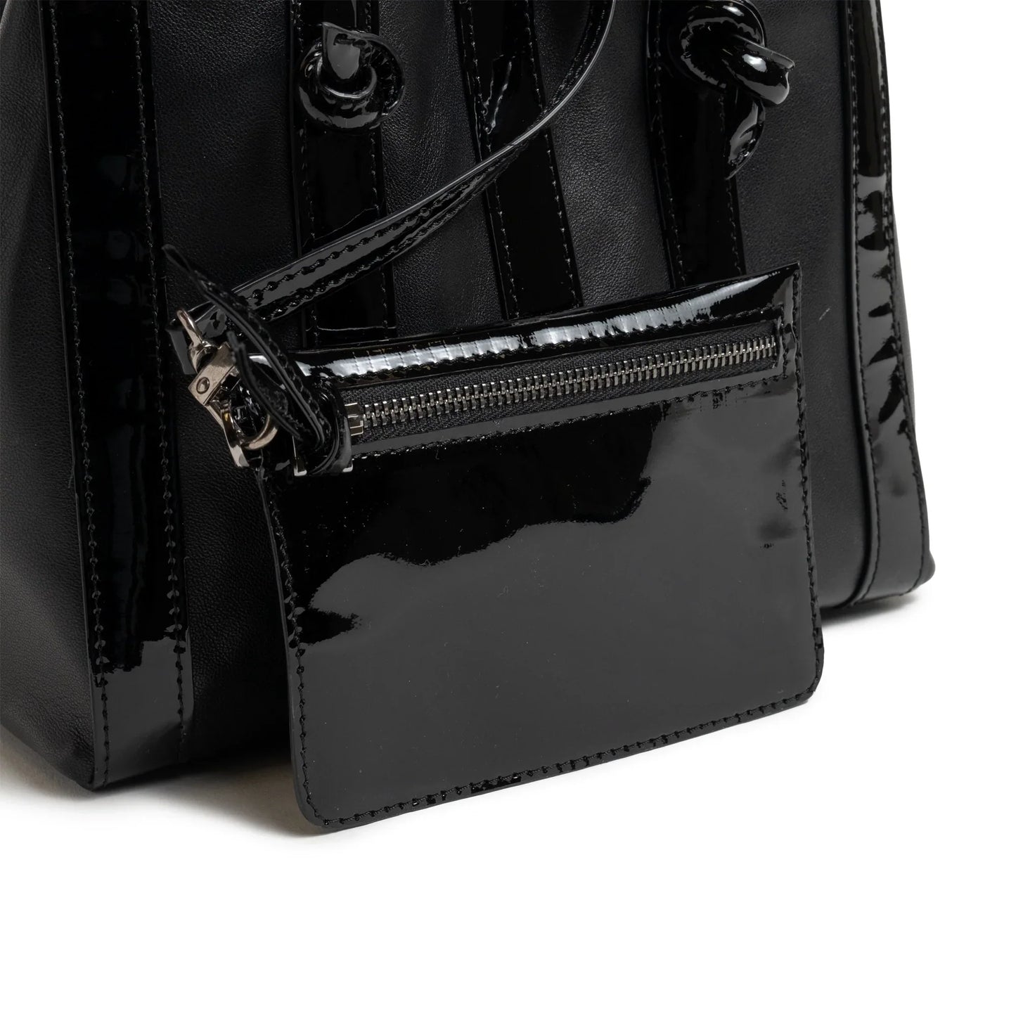Stripes Medium Shopping Bag in Black Nappa and Patent Leather