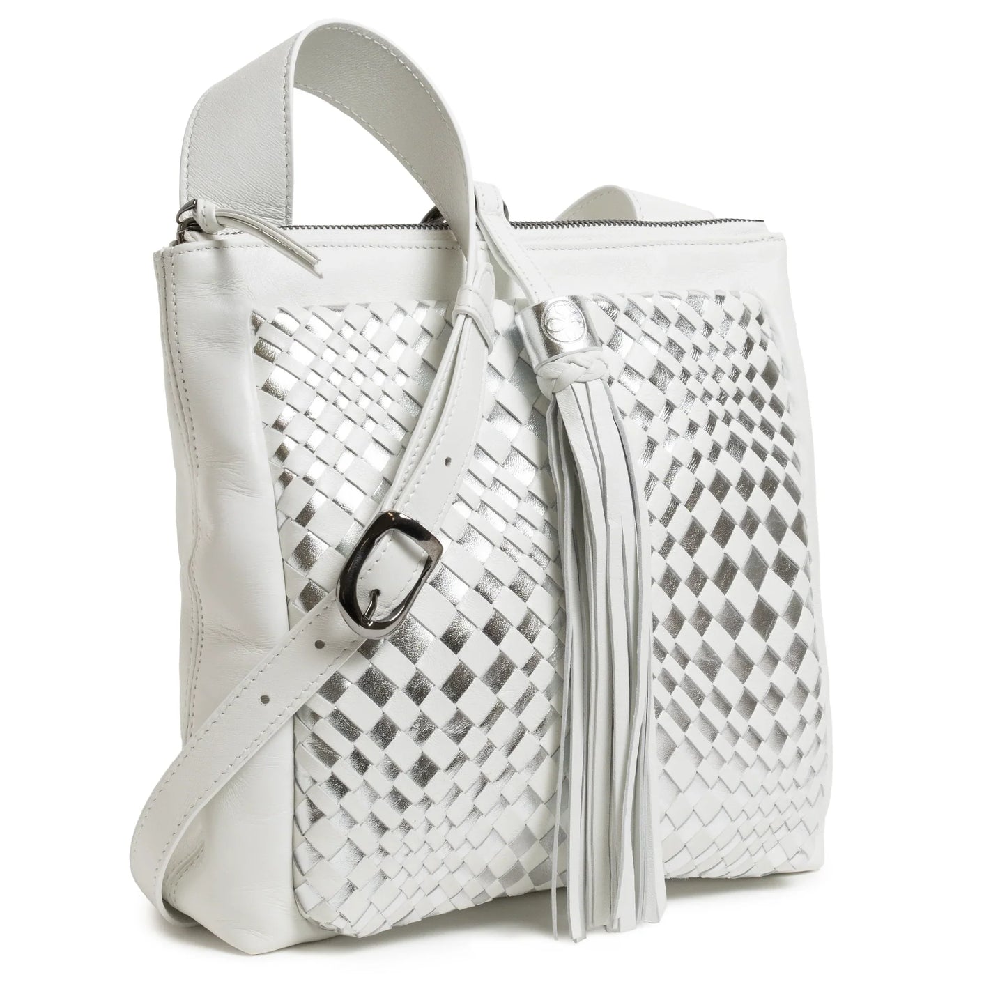 Women's Leather Crossbody Bag Intreccio Optical in White and Silver