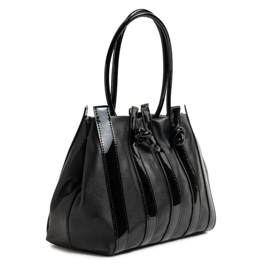 Stripes Medium Shopping Bag in Black Nappa and Patent Leather