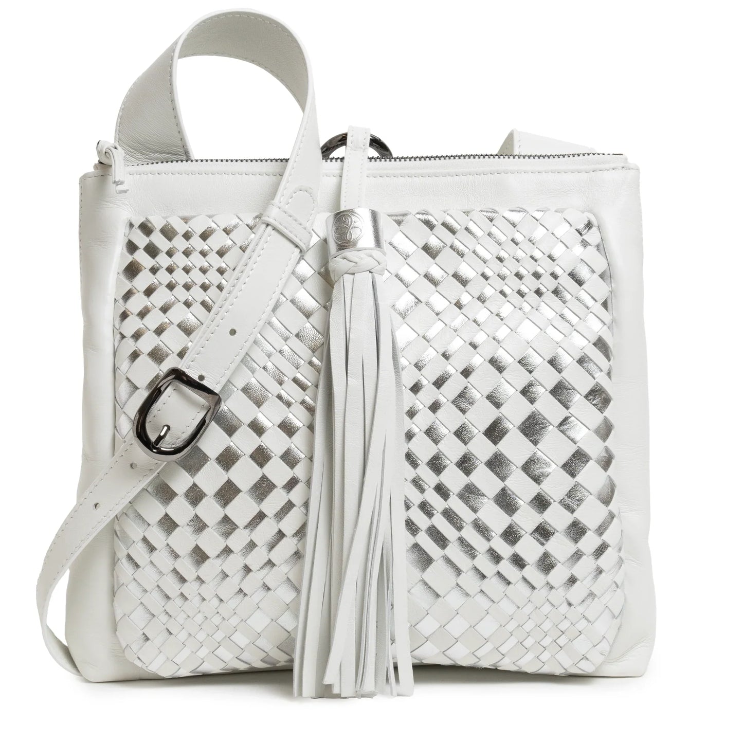 Women's Leather Crossbody Bag Intreccio Optical in White and Silver