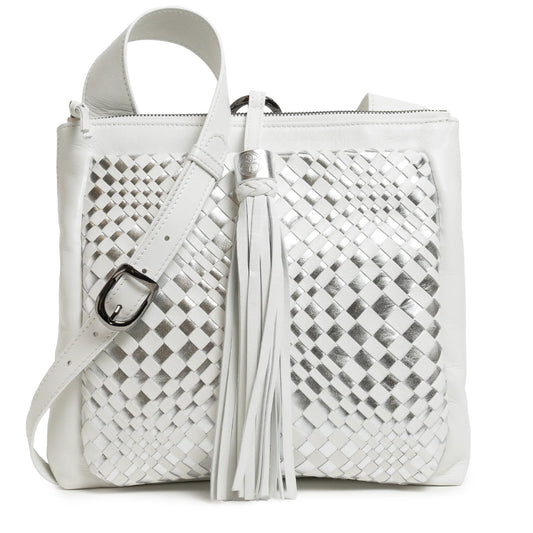 Women's Leather Crossbody Bag Intreccio Optical in White and Silver