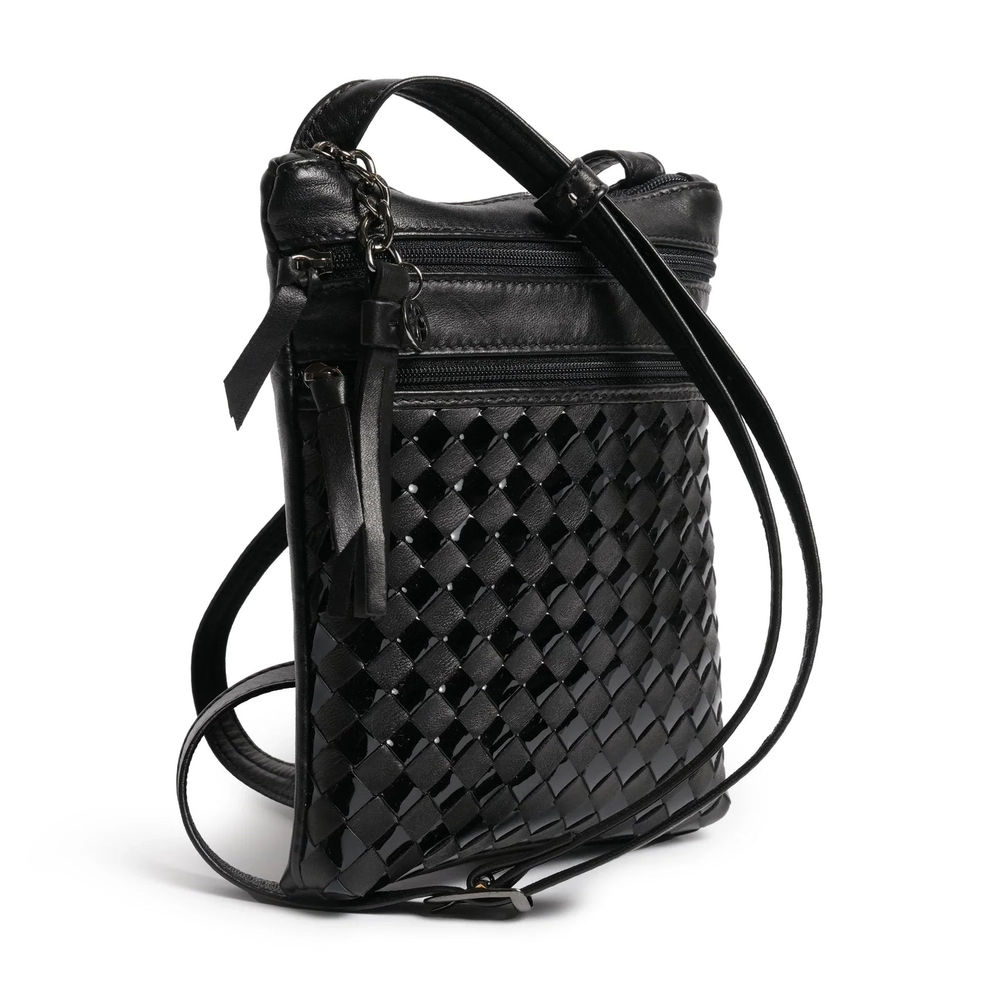 Women Intrecciato Soft Nappa and Patent Leather Messenger in Black