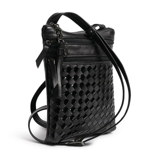 Women Intrecciato Soft Nappa and Patent Leather Messenger in Black