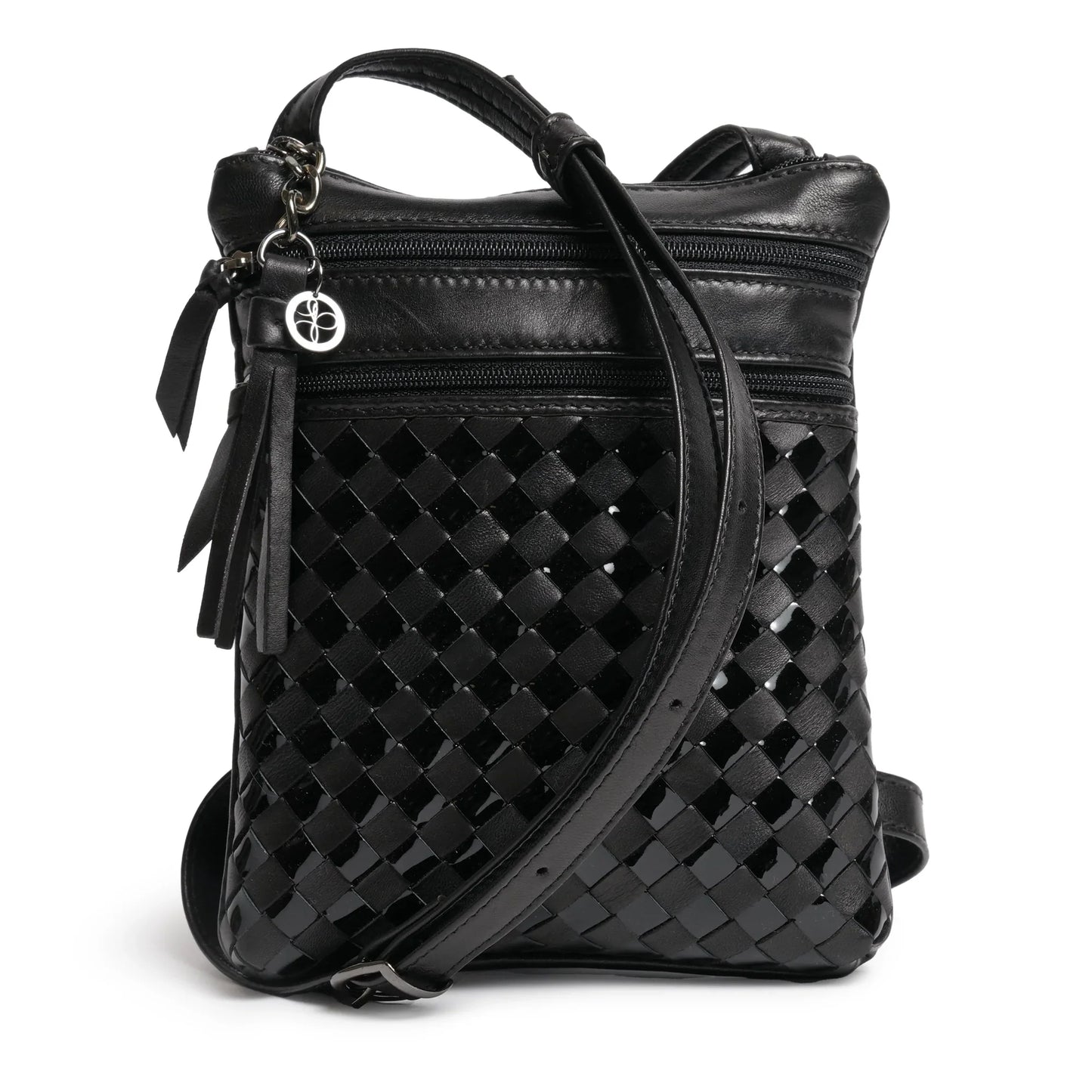 Women Intrecciato Soft Nappa and Patent Leather Messenger in Black