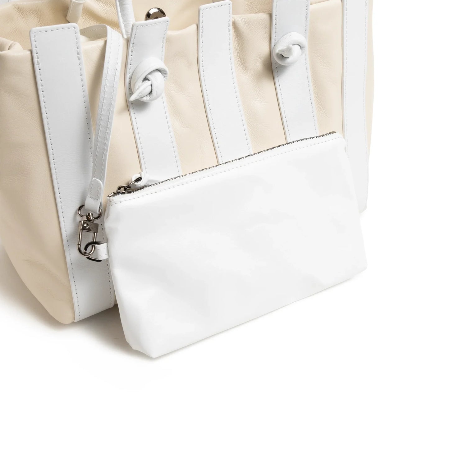Stripes Large Shopping Bag in Ivory and White Nappa Leather