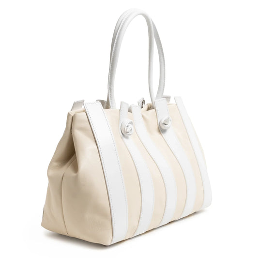 Stripes Large Shopping Bag in Ivory and White Nappa Leather