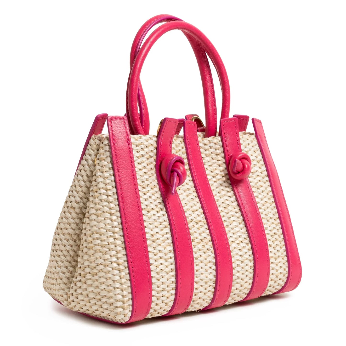Stripes Canvas and Leather Mini Shopping Bag in Nappa Fucsia
