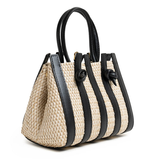 Stripes Canvas and Leather Mini Shopping Bag in Softy Black