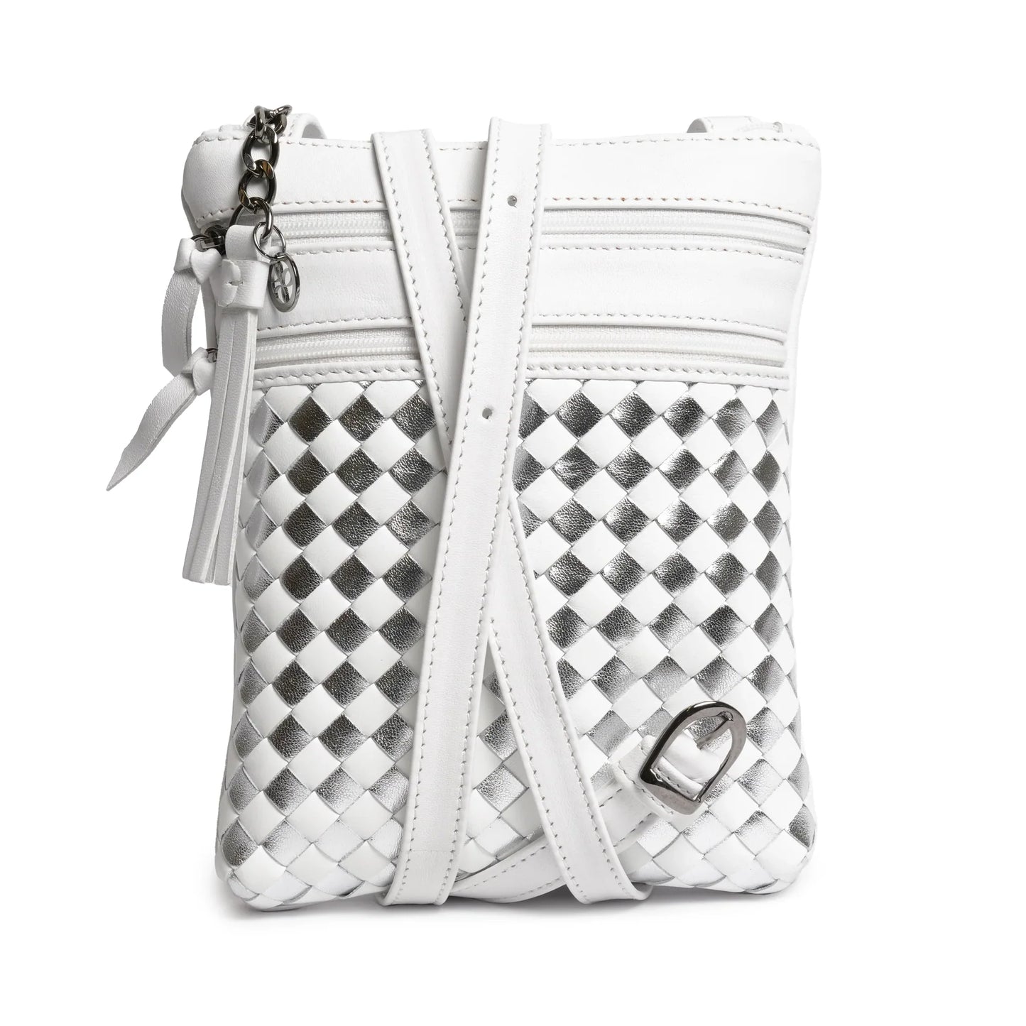 Women Intrecciato Soft Leather Messenger in White and Silver