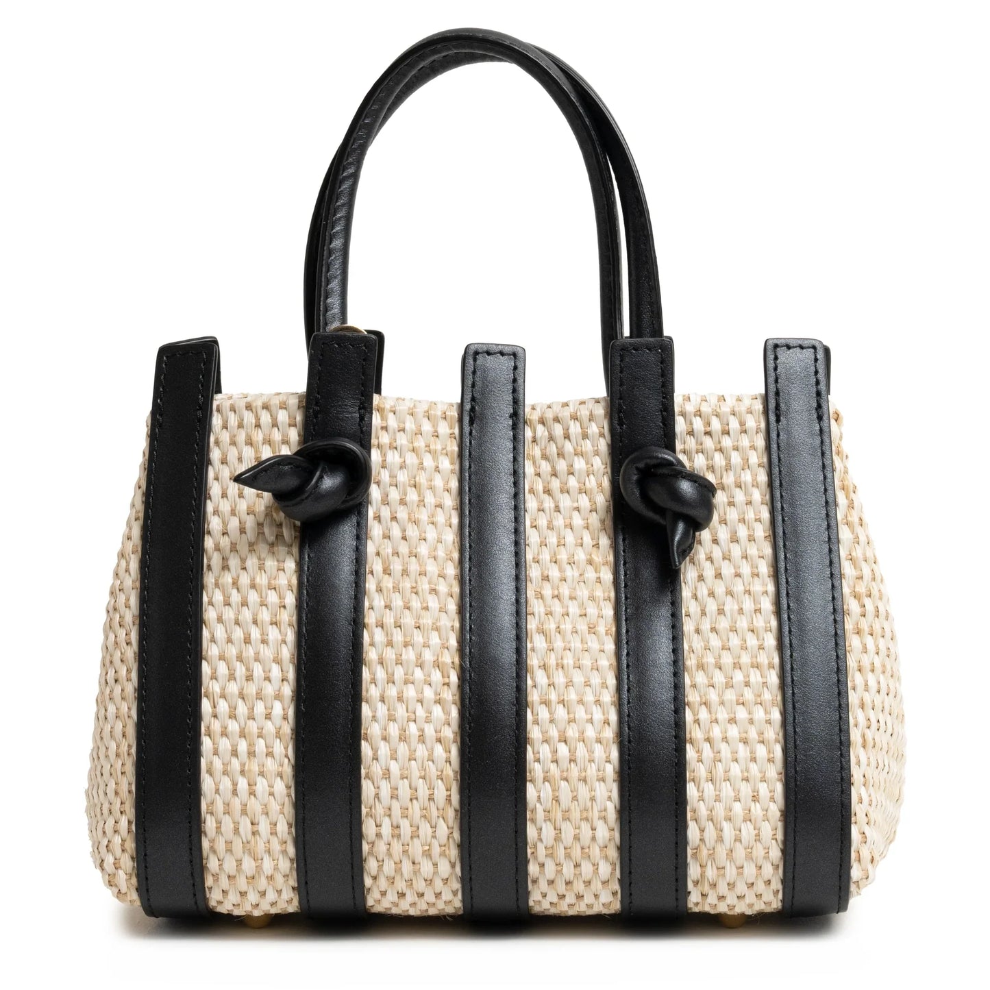 Stripes Canvas and Leather Mini Shopping Bag in Softy Black