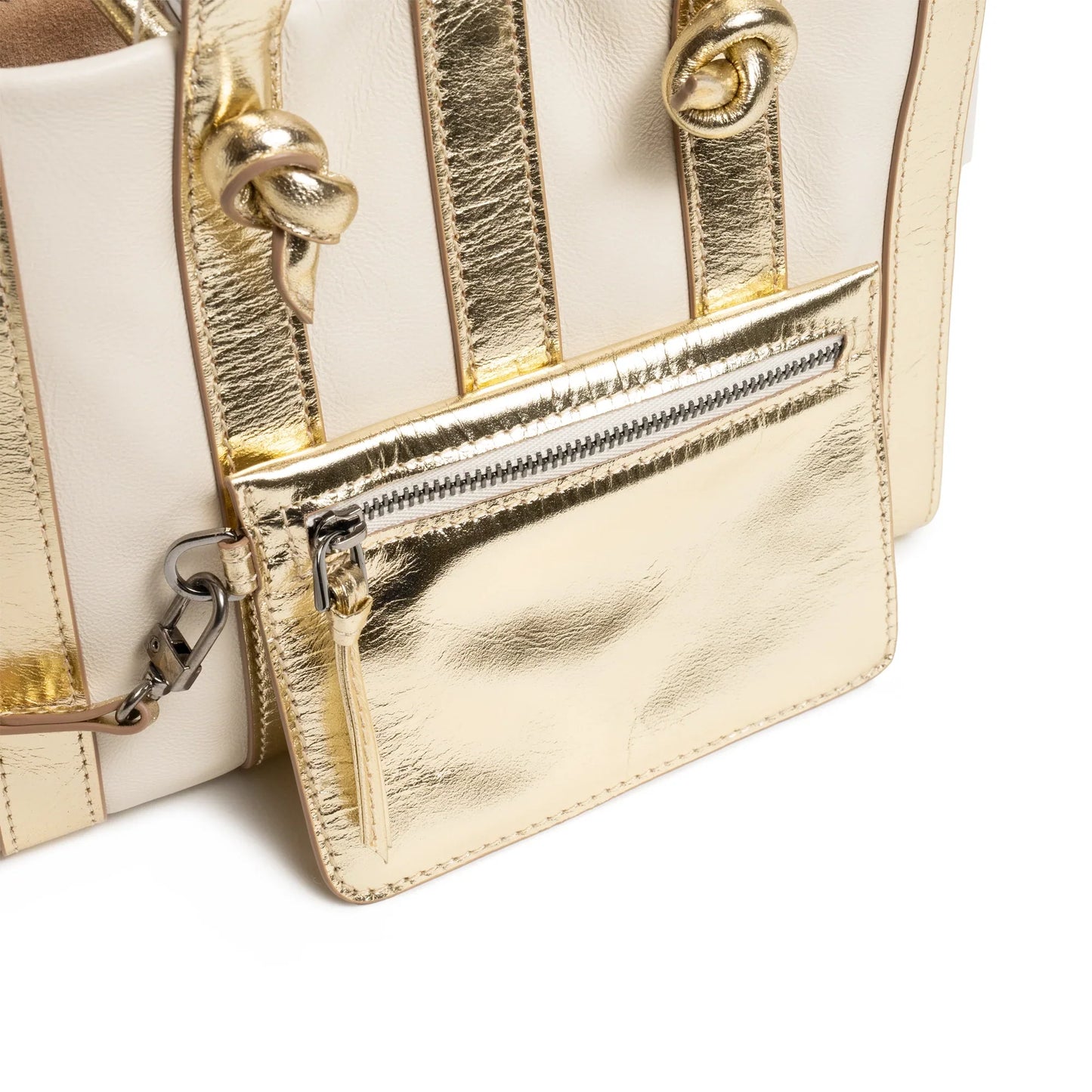 Stripes Medium Shopping Bag in Ivory and Platinum Nappa Leather