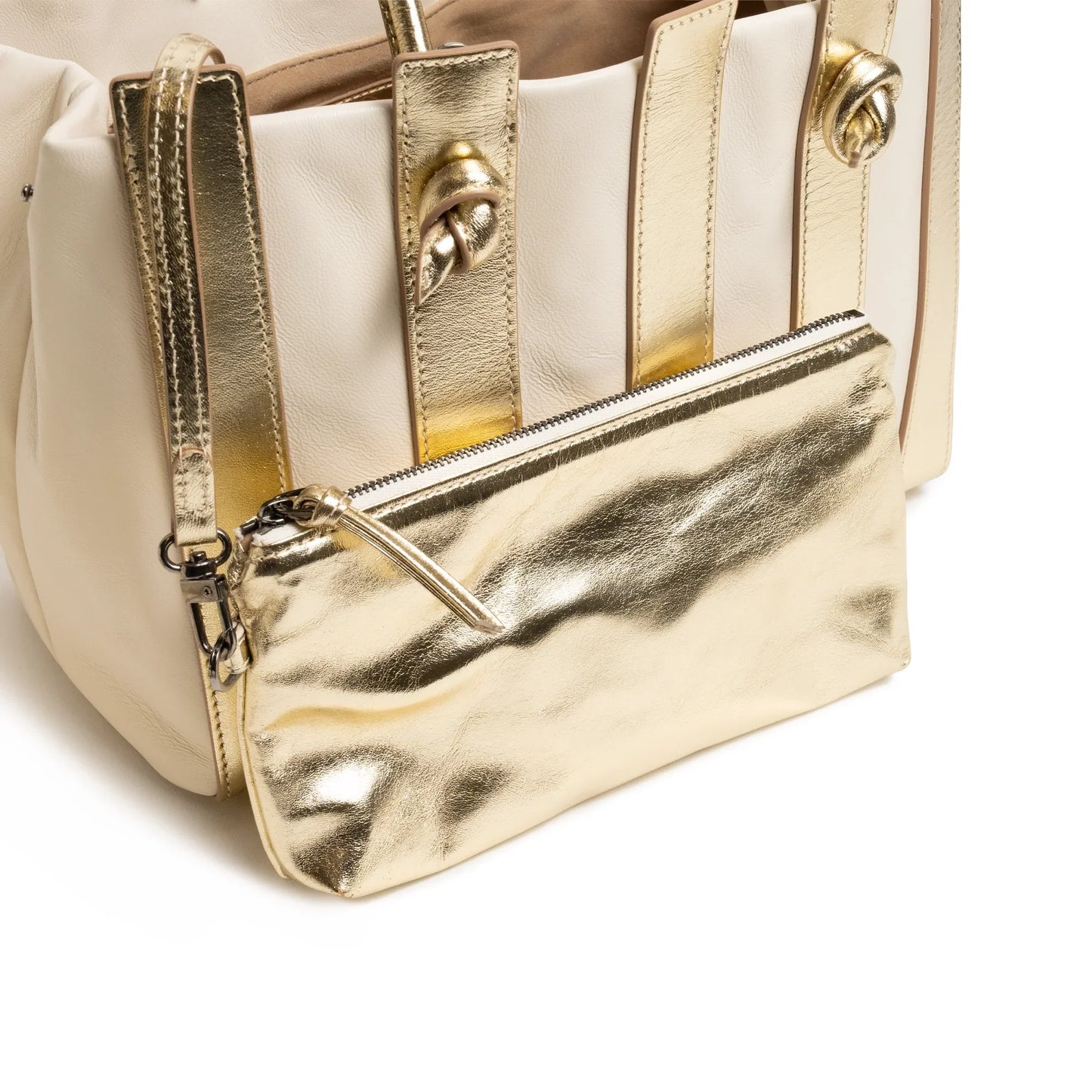 Stripes Large Shopping Bag in Ivory and Platinum Nappa Leather