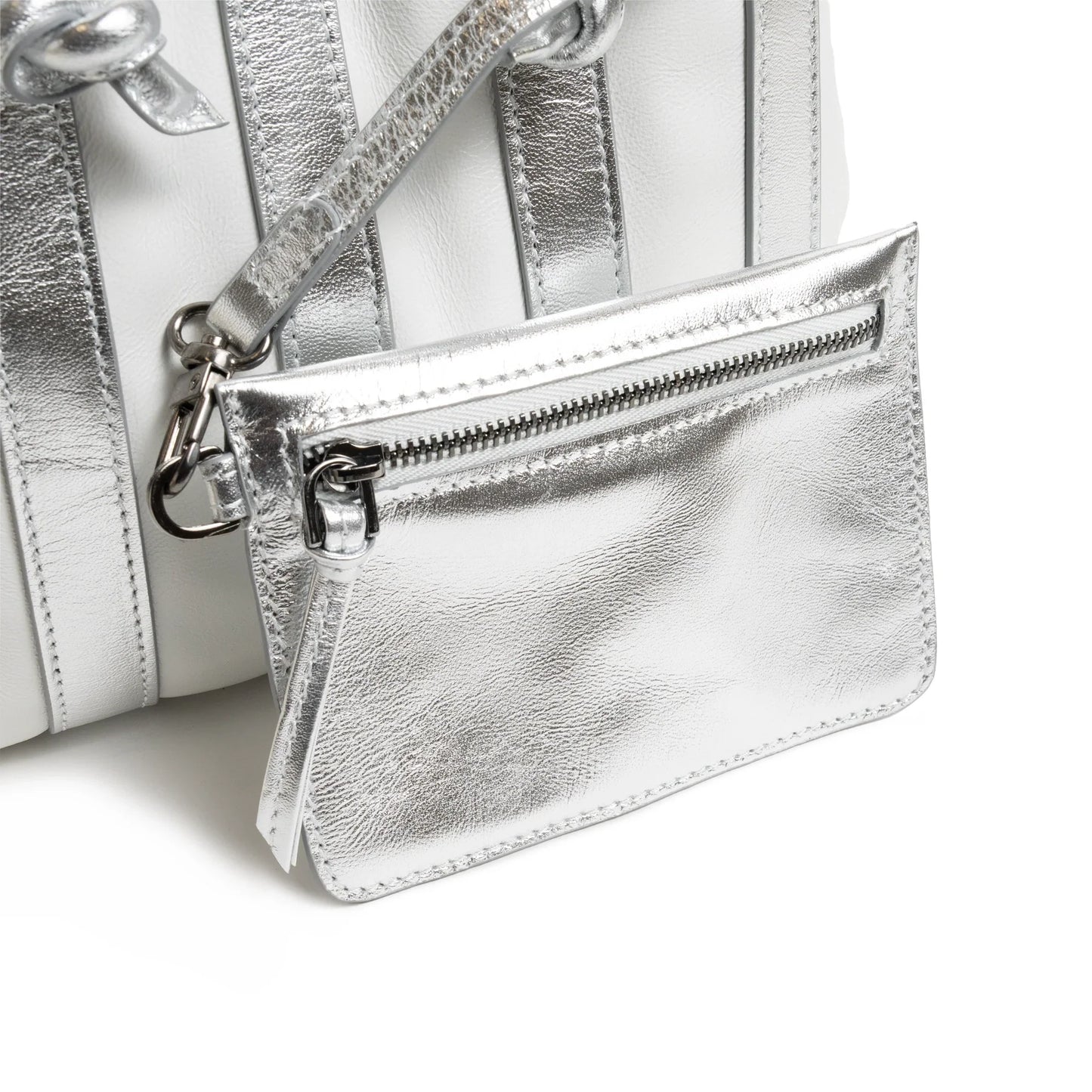 Stripes Medium Shopping Bag in White and Silver Nappa Leather