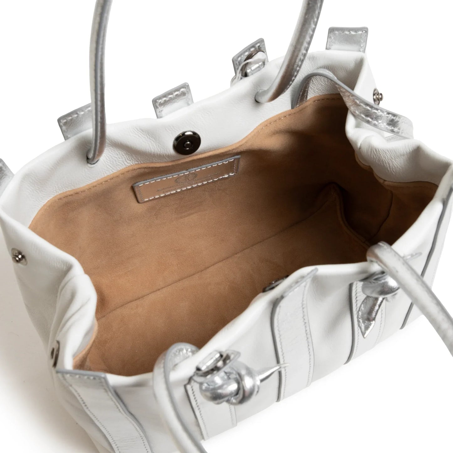 Stripes Medium Shopping Bag in White and Silver Nappa Leather