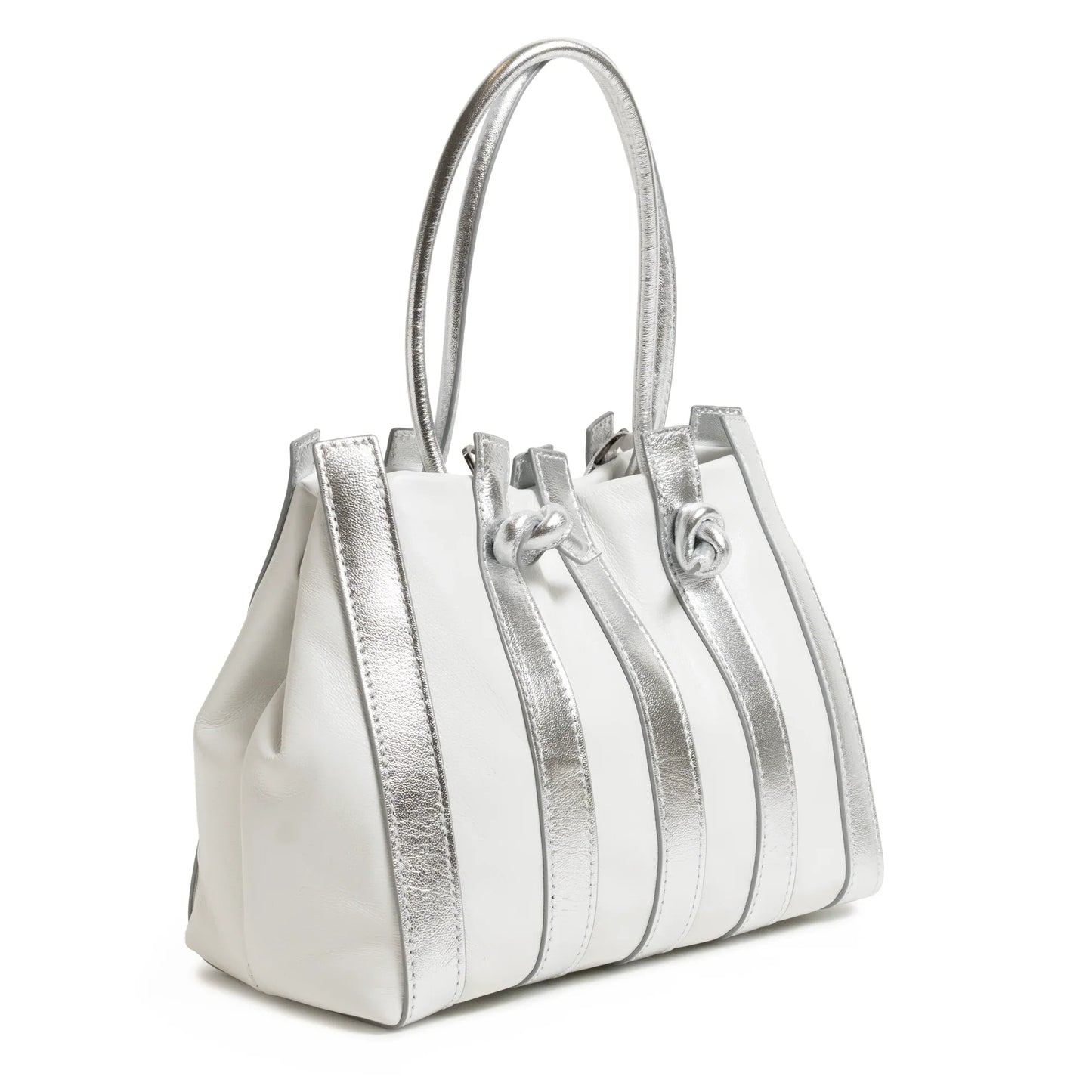 Stripes Medium Shopping Bag in White and Silver Nappa Leather