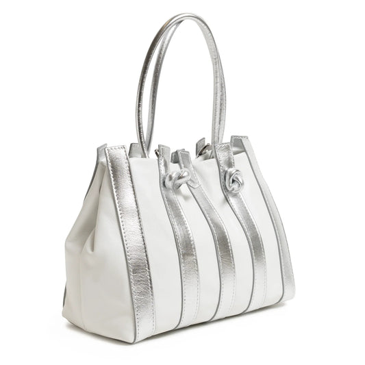 Stripes Medium Shopping Bag in White and Silver Nappa Leather