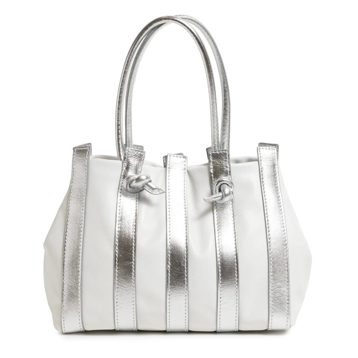 Stripes Medium Shopping Bag in White and Silver Nappa Leather