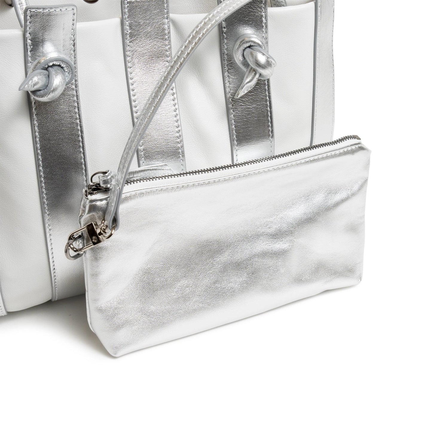 Stripes Large Shopping Bag in White and Silver Nappa Leather