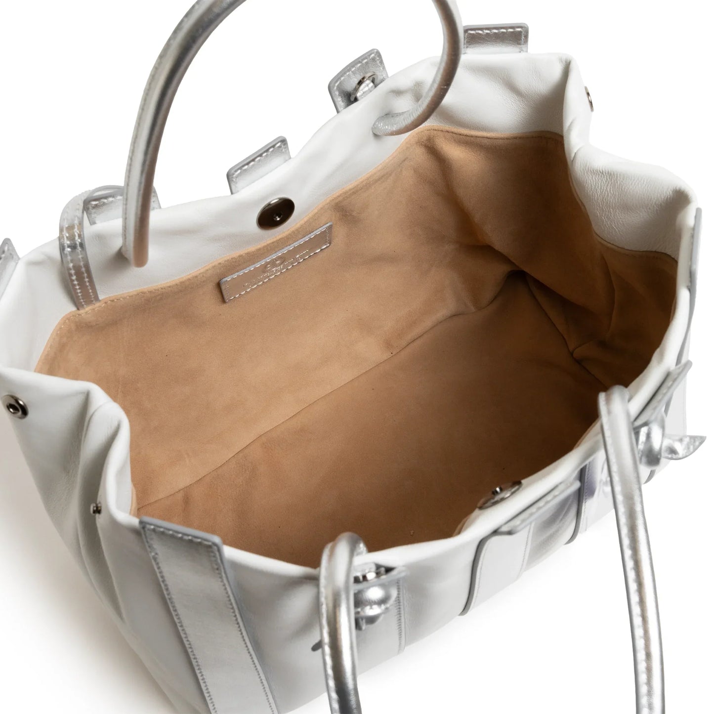 Stripes Large Shopping Bag in White and Silver Nappa Leather