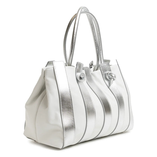 Stripes Large Shopping Bag in White and Silver Nappa Leather